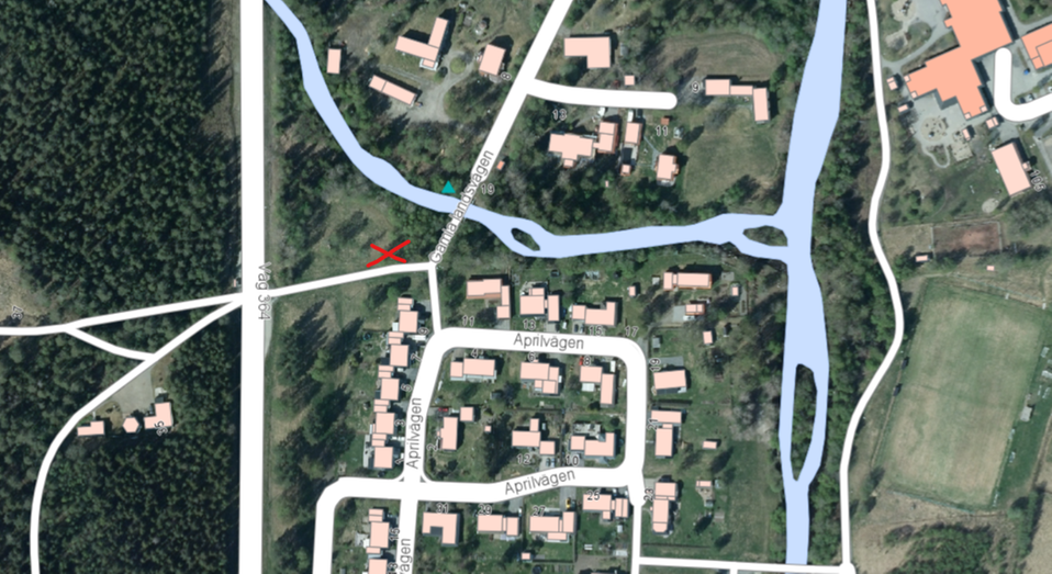 Satelitbild över Ersforsen och samlingsplatsen för arbetsgillet